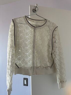 Cream Lace Bomber Jacket with Contrast Piping
